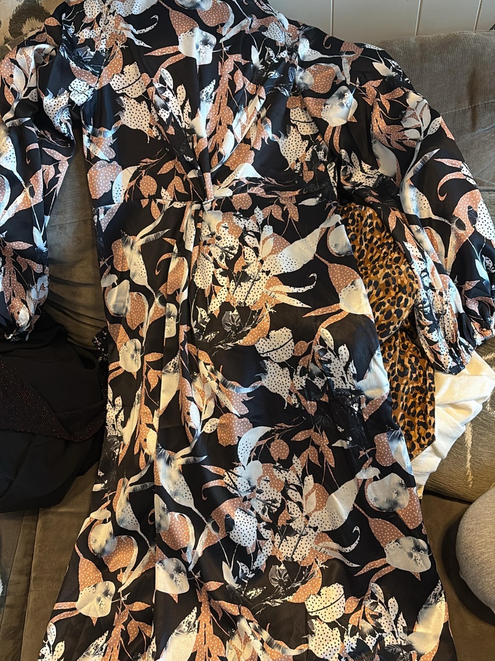 Black Floral & Leaf Print Midi Dress - Peach & Cream Accents